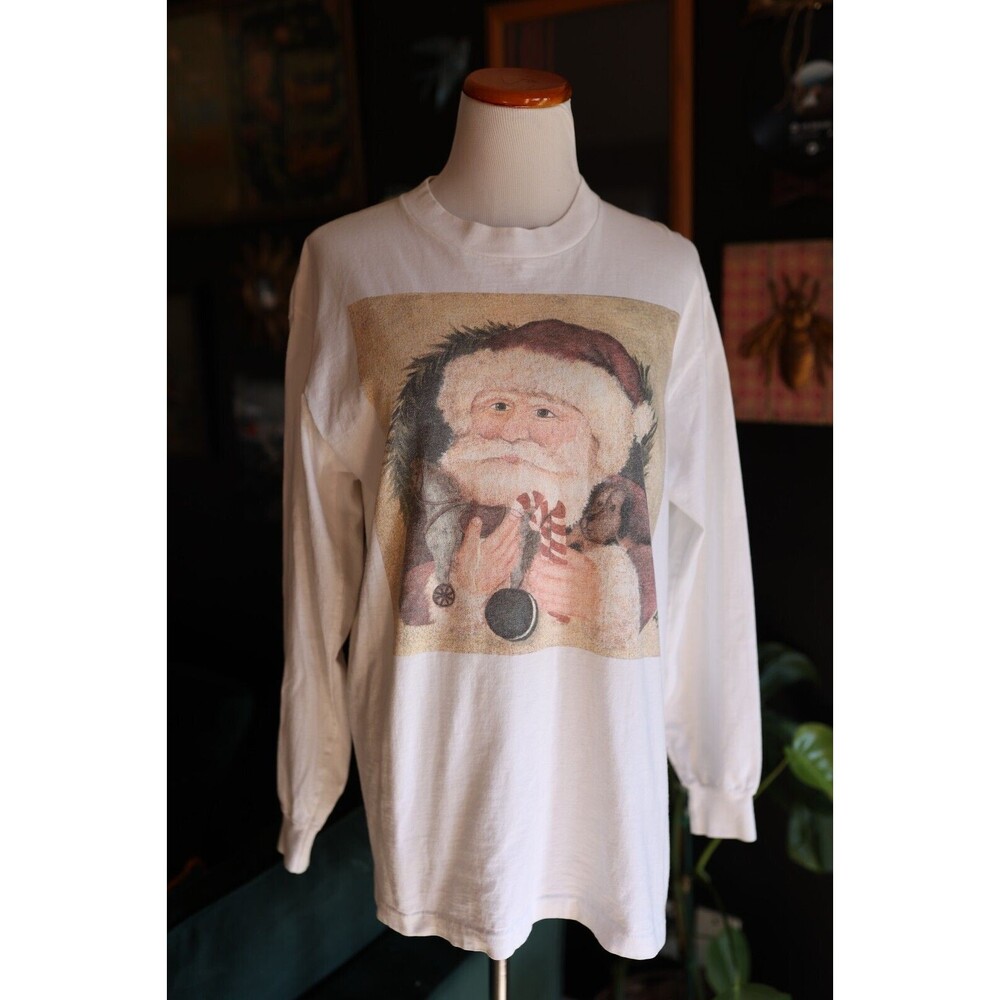 Vintage Marie Mary McLaughlin 1997 Christmas Folk Santa Long Sleeve Shirt Large